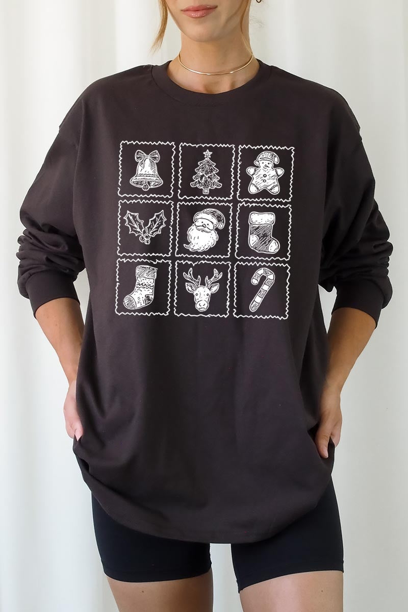UL240-E3215 Christmas Icons Graphic Long Sleeve Tee $13.75