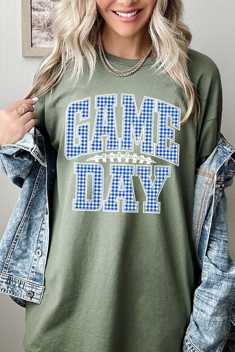 5000-E3130 Blue Gingham Game Day Graphic Heavy Cotton Tee $9