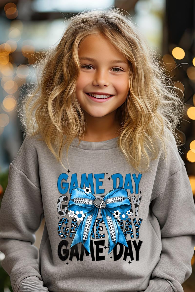 UL180B-E3089Z Blue Silver Football Game Day Bow Kids Sweatshirt $20