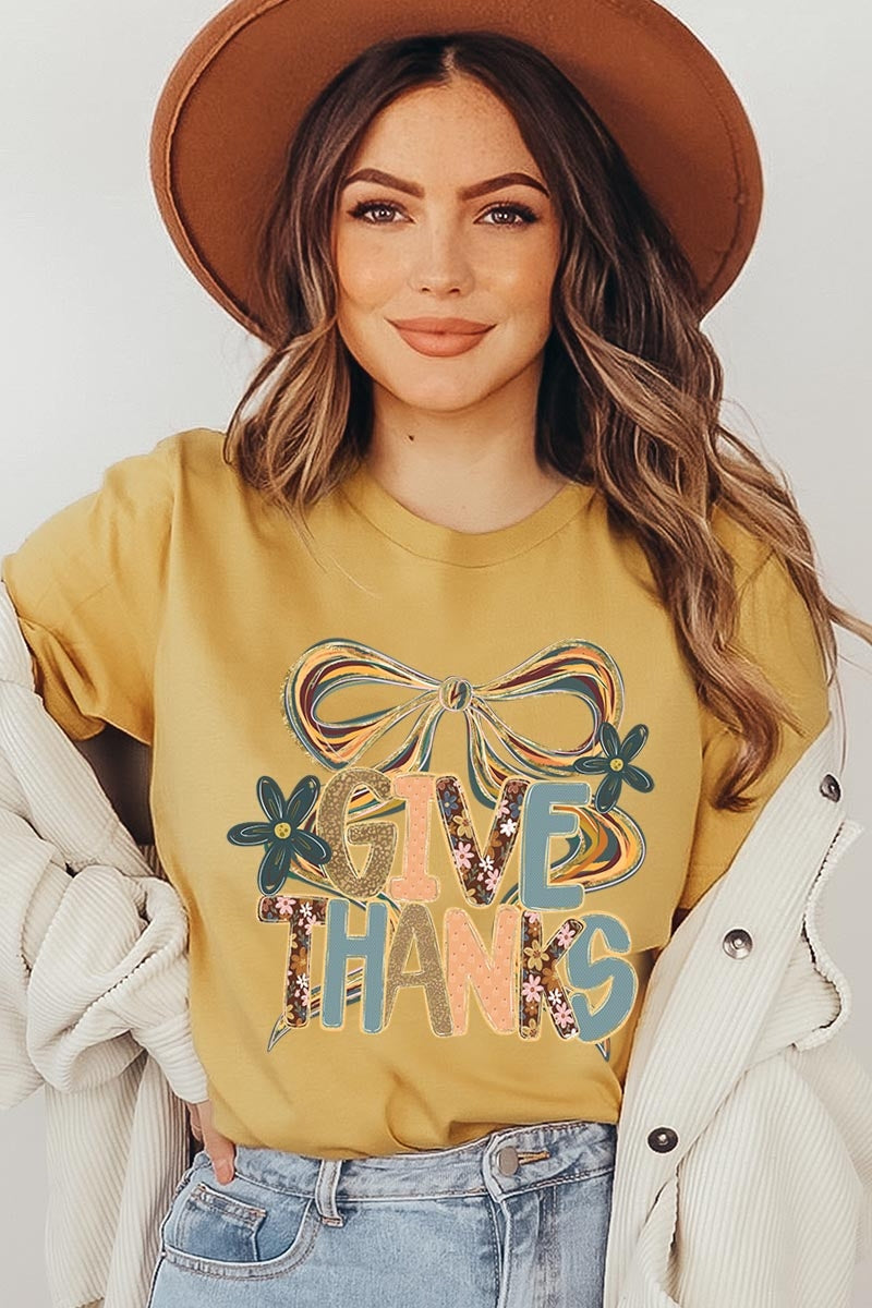 US3001-E3154 Give Thanks Bow Graphic Tee $12.5