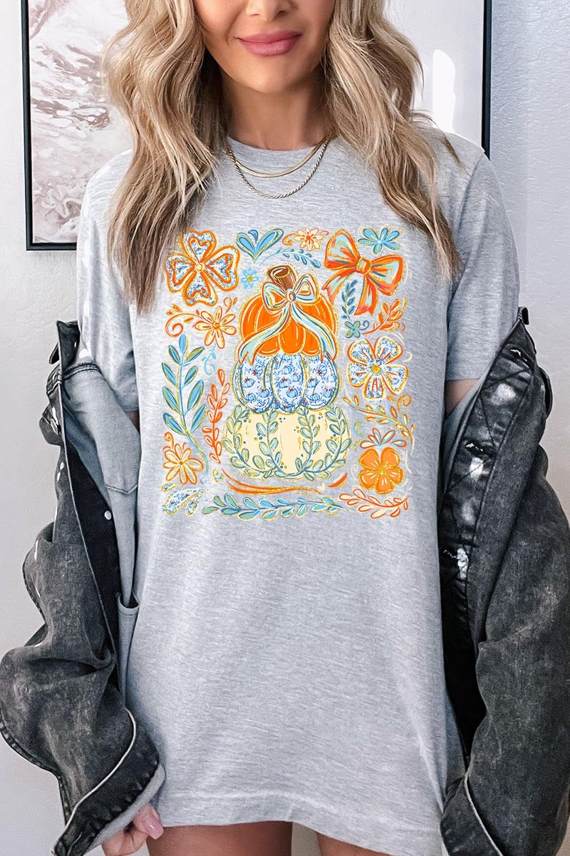 US3001P-E3153 Floral Pumpkin Stack Graphic Plus Tee $16