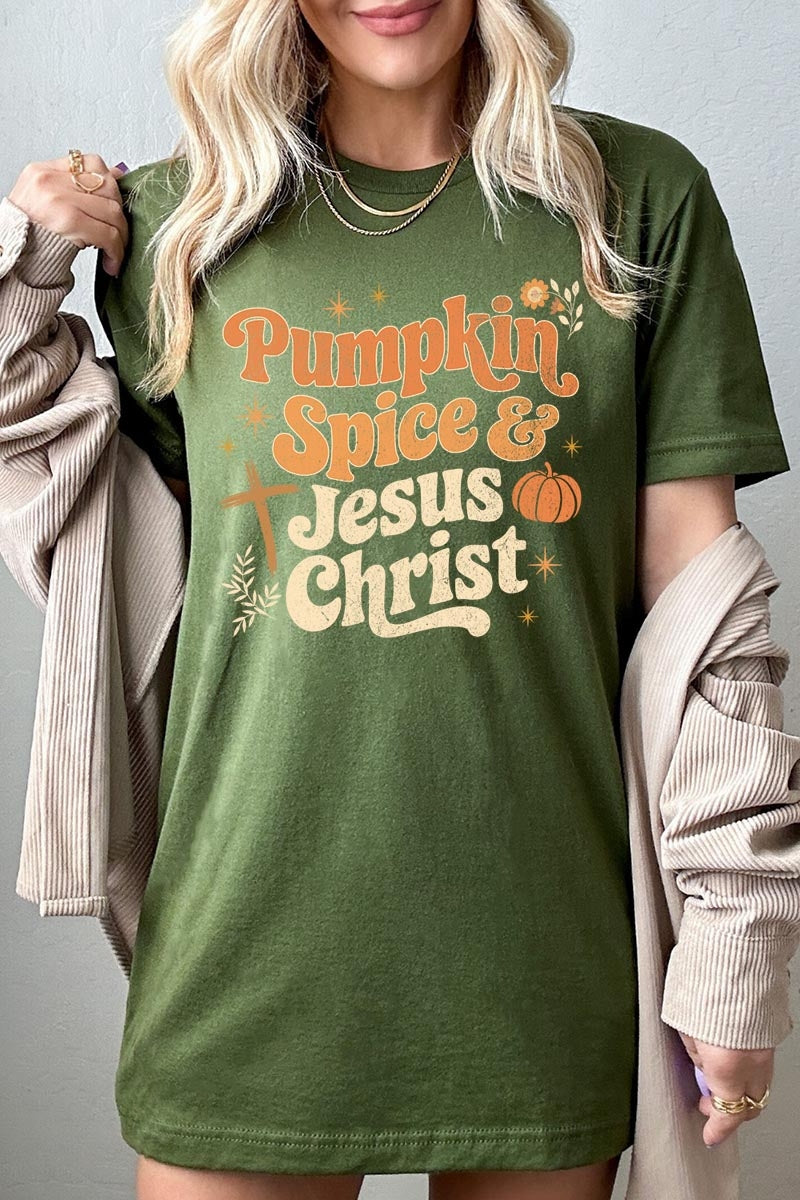 US3001P-E3164 Pumpkin Spice & Jesus Graphic Plus Tee $16