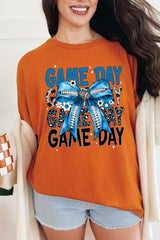 5000-E3089 Blue Silver Football Game Day Bow Heavy Cotton Tee $9