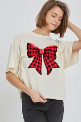 CTS-E3198 Red Buffalo Plaid Bow Graphic Relaxed Crop Top $11