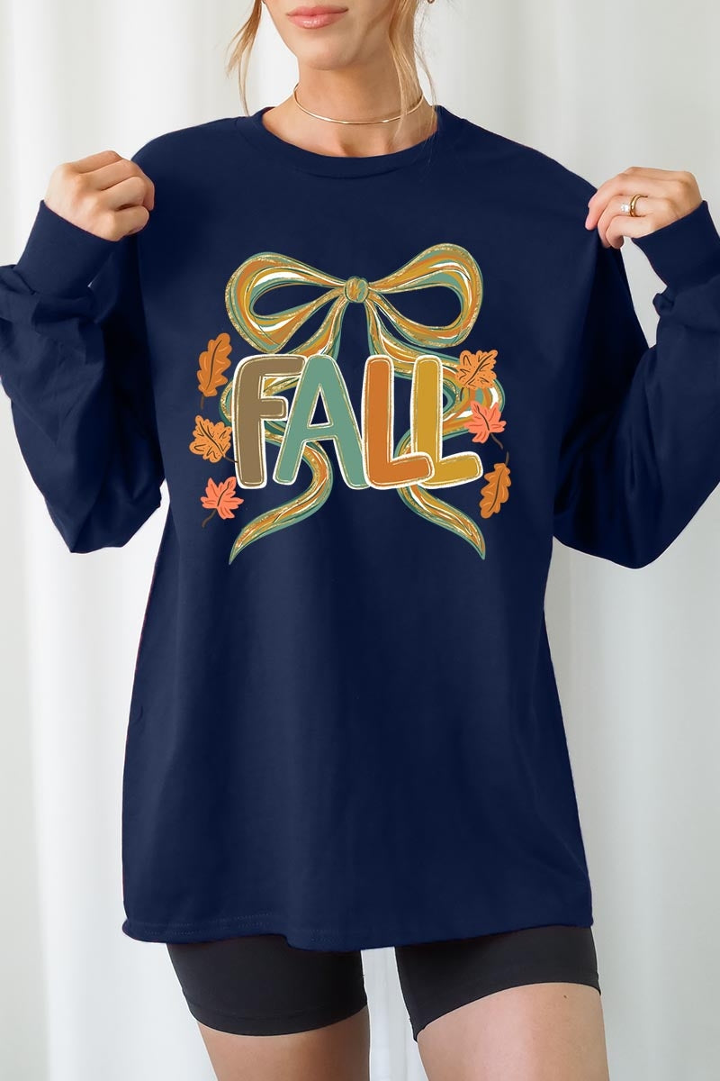UL240-E3121 Fall Brushstroke Bow Graphic Long Sleeve Tee $13.75