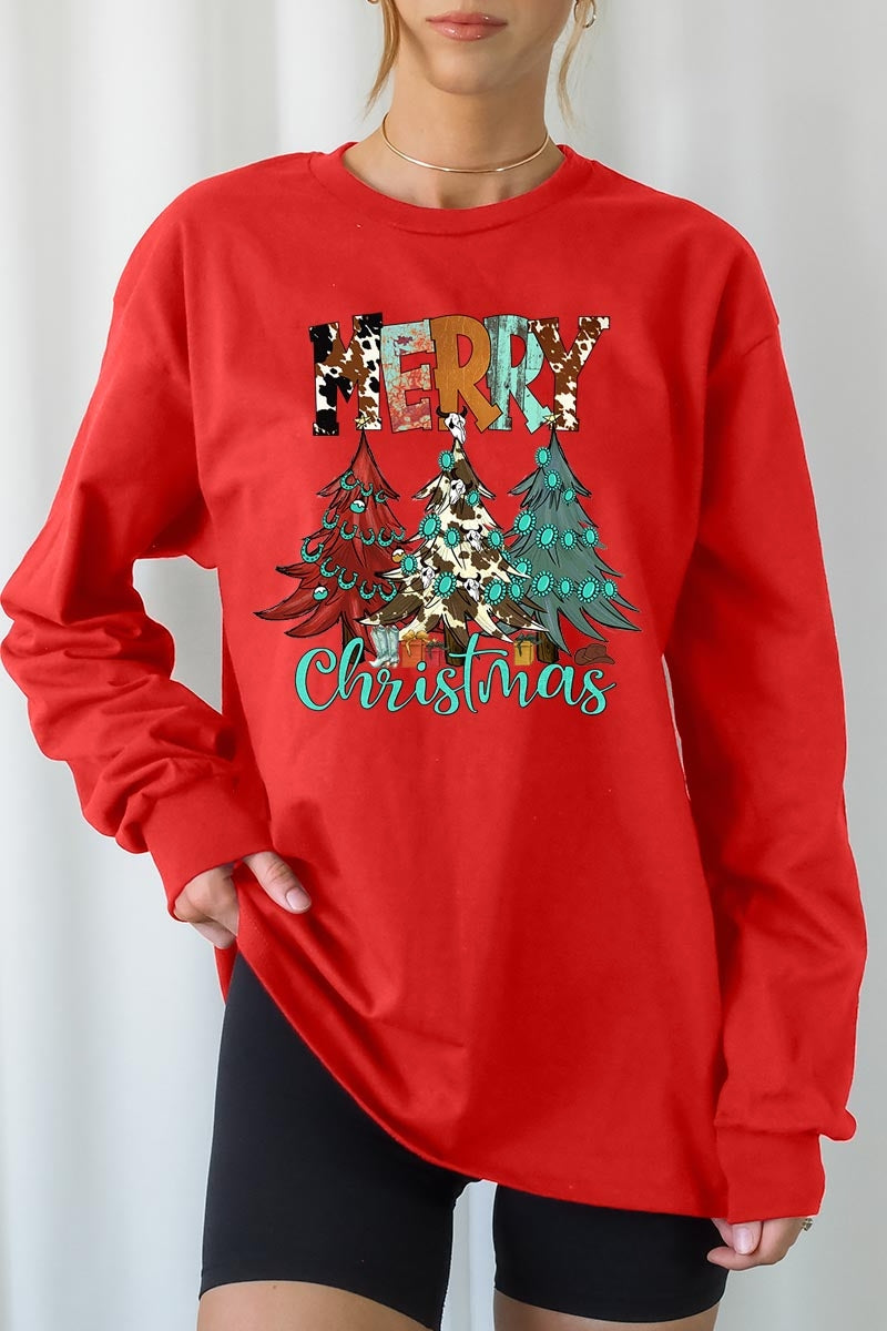 UL240-E3200 Merry Christmas Trees Graphic Long Sleeve Tee $13.75