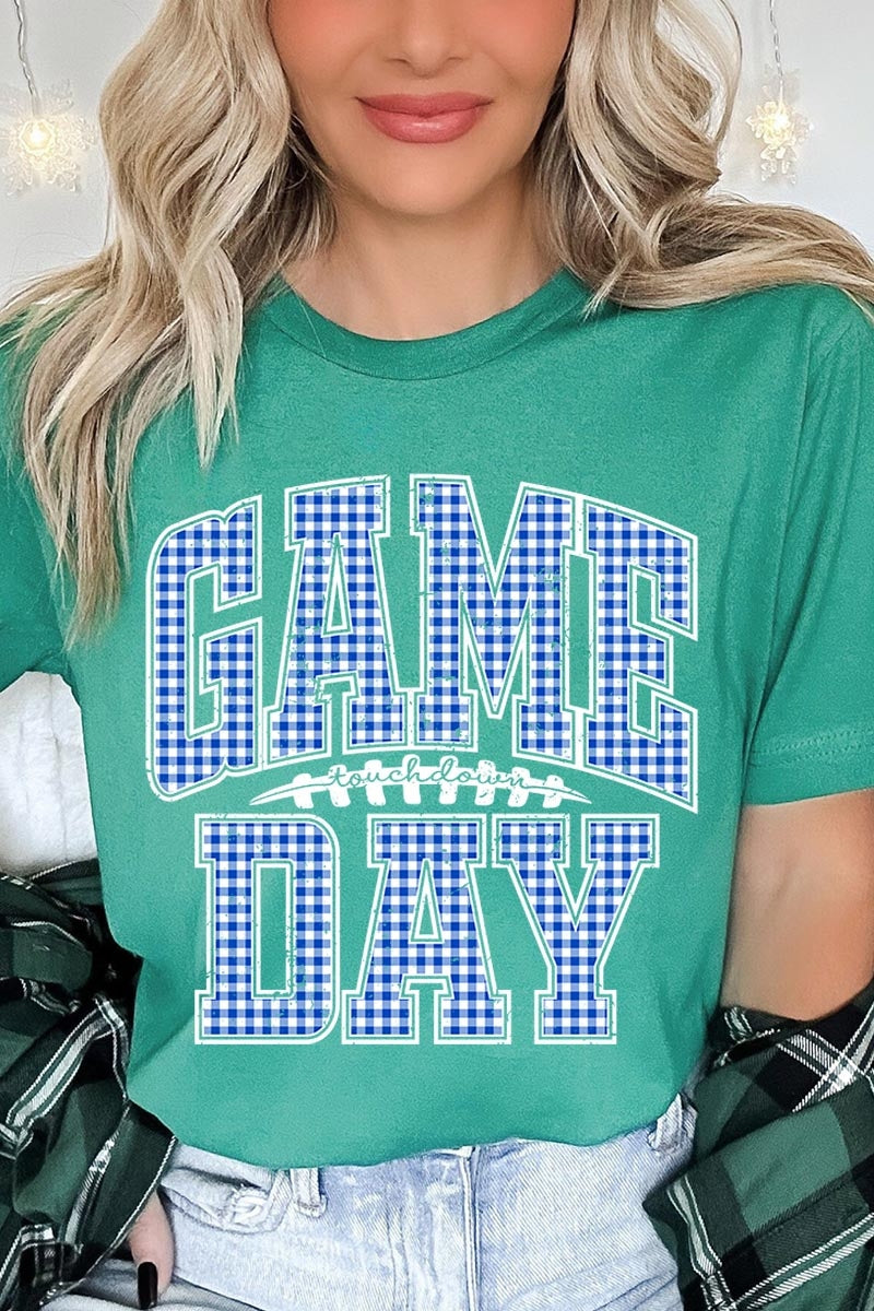 US3001-E3130 Blue Gingham Game Day Graphic Tee $12.5