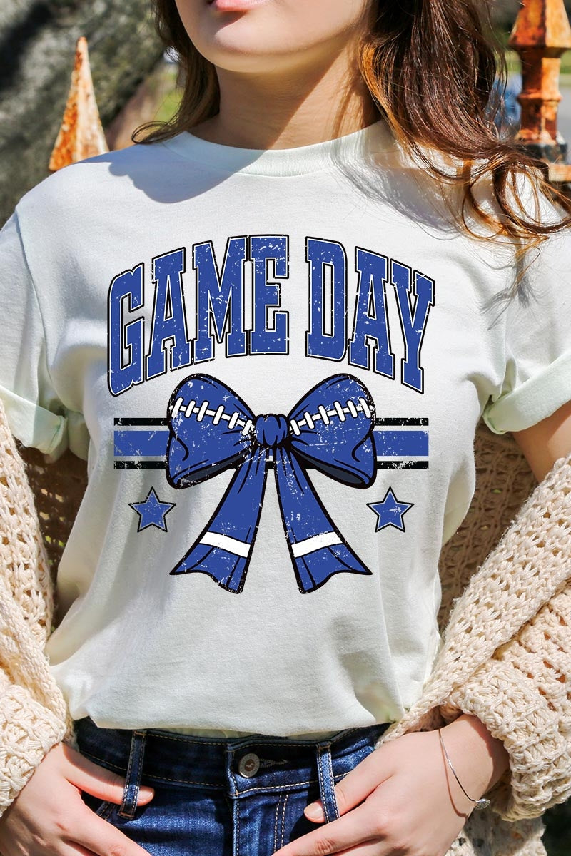 US3001-E3065 Blue Game Day Football Bow Graphic Tee $12.5