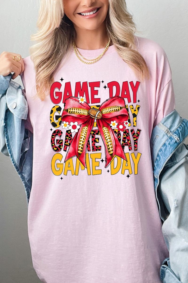 5000P-E3091 Red Yellow Football Bow Plus Heavy Cotton Tee $12.75