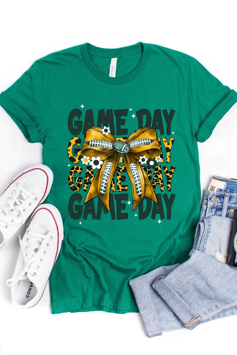 US3001P-E3090 Yellow Football Game Day Bow Graphic Plus Tee $16