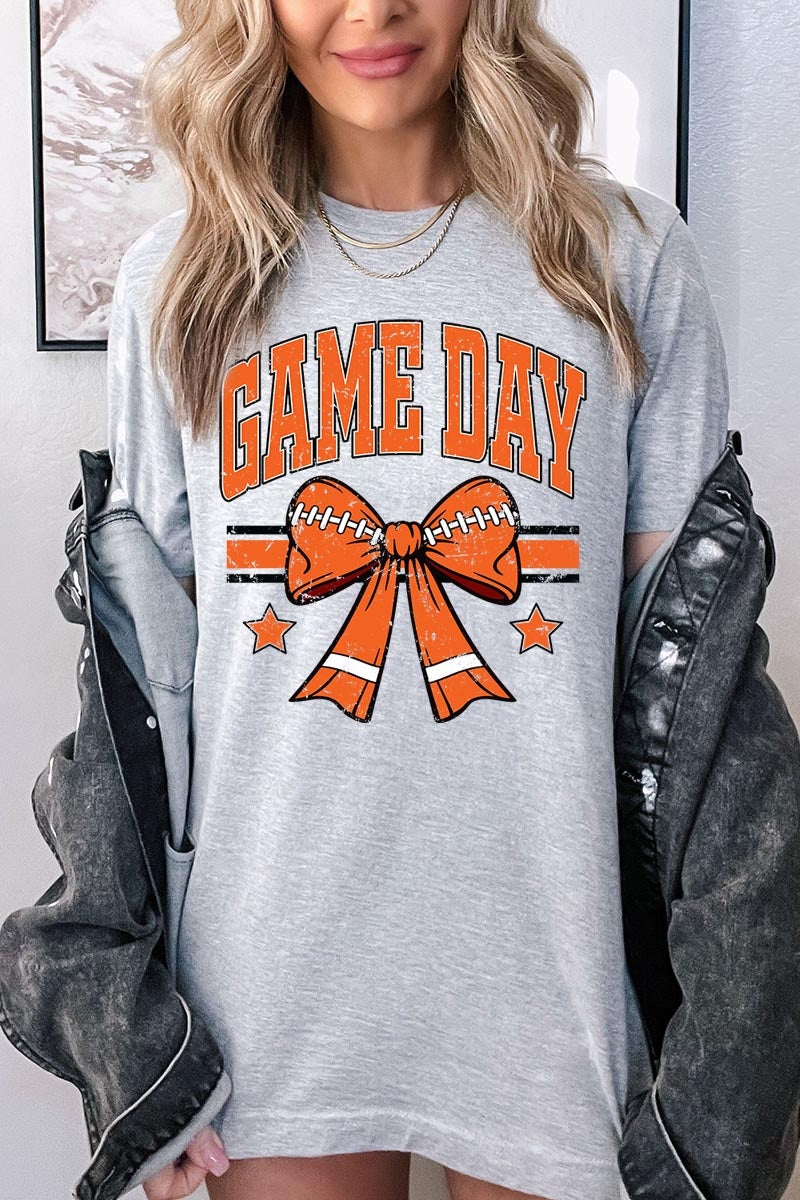 US3001-E3064 Orange Game Day Football Bow Graphic Tee $12.5