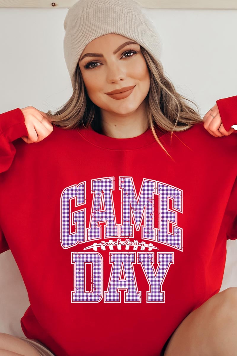 UL180-E3127 Purple Gingham Game Day Graphic Sweatshirt $20