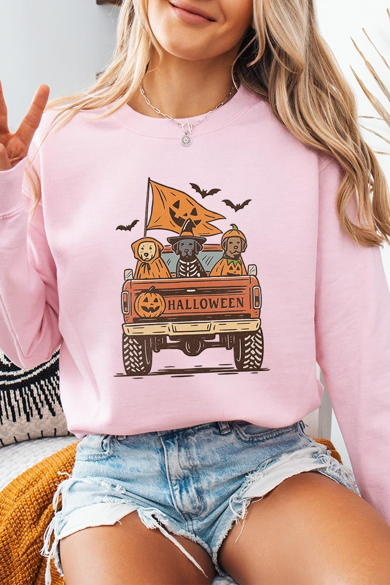 UL180P-E3150 Halloween Truck Dogs Graphic Plus Sweatshirt $25