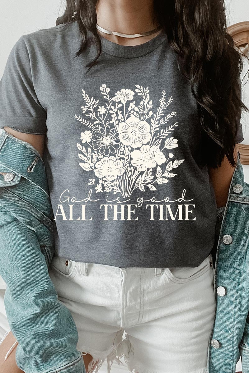 US3001-E3116 God Is Good Floral Graphic Tee $12.5