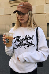 UL180P-E3168 Thankful Always Graphic Plus Sweatshirt $25