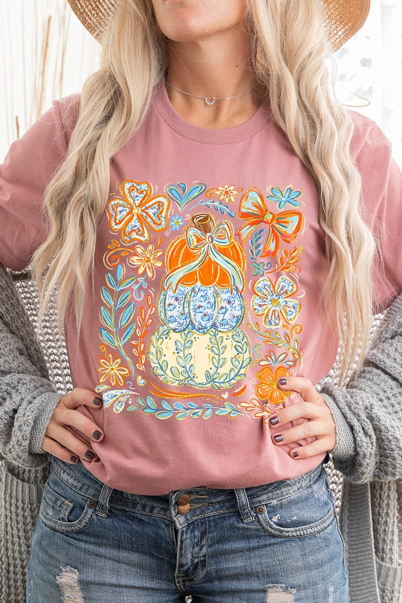 US3001-E3153 Floral Pumpkin Stack Graphic Tee $12.5