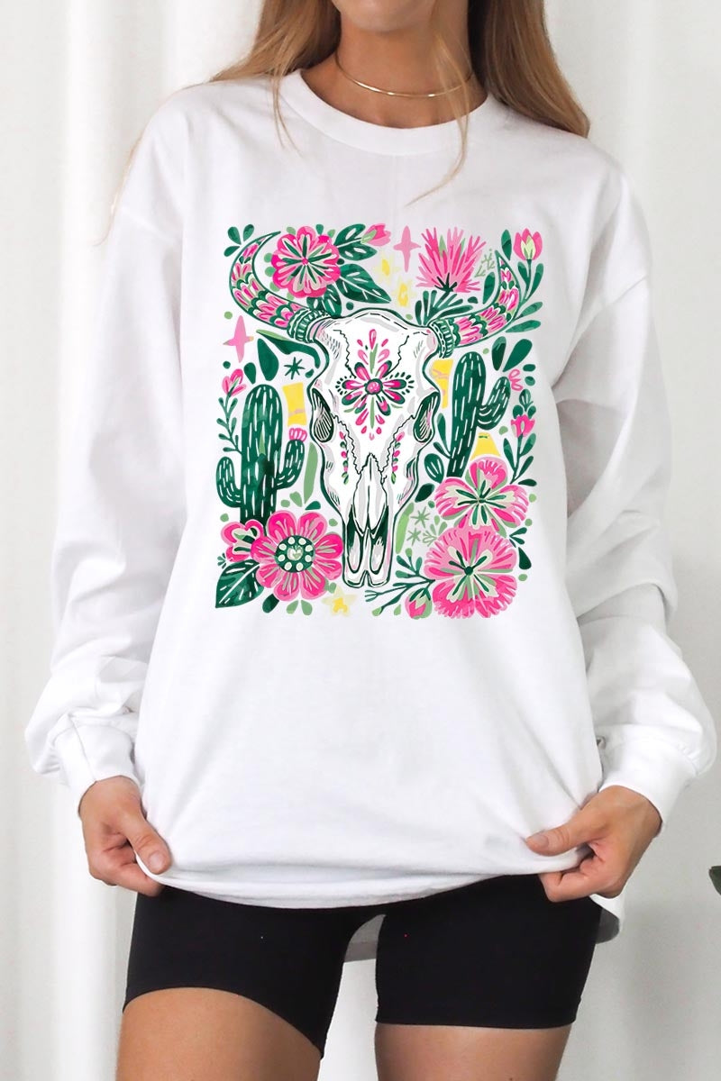 UL240-E3086 Western Floral Cow Skull Graphic Long Sleeve Tee $13.75