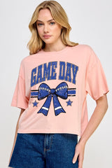CTS-E3065 Blue Game Day Football Bow Graphic Crop Top $11