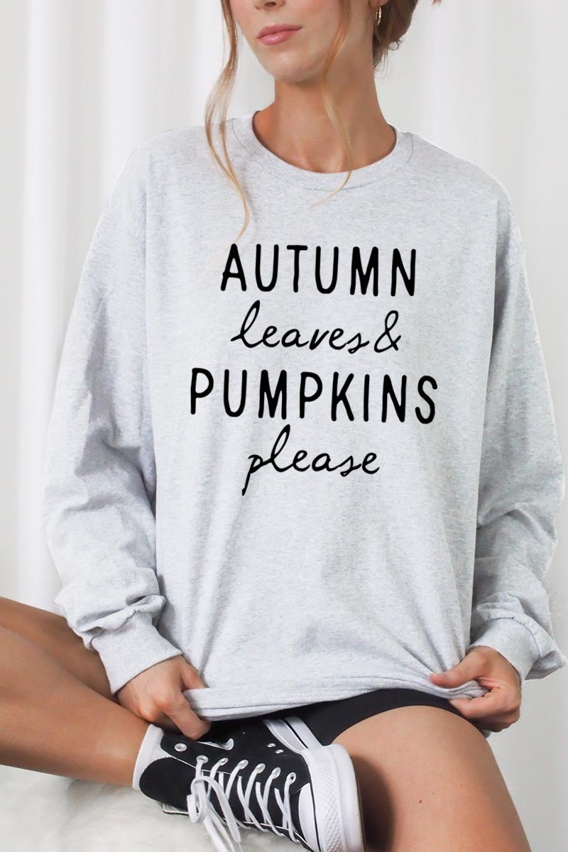 UL240-E3158 Autumn Leaves Pumpkins Graphic Long Sleeve Tee $13.75
