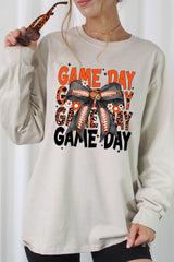 UL240-E3088 Orange Black Football Game Day Bow Long Sleeve Tee $13.75
