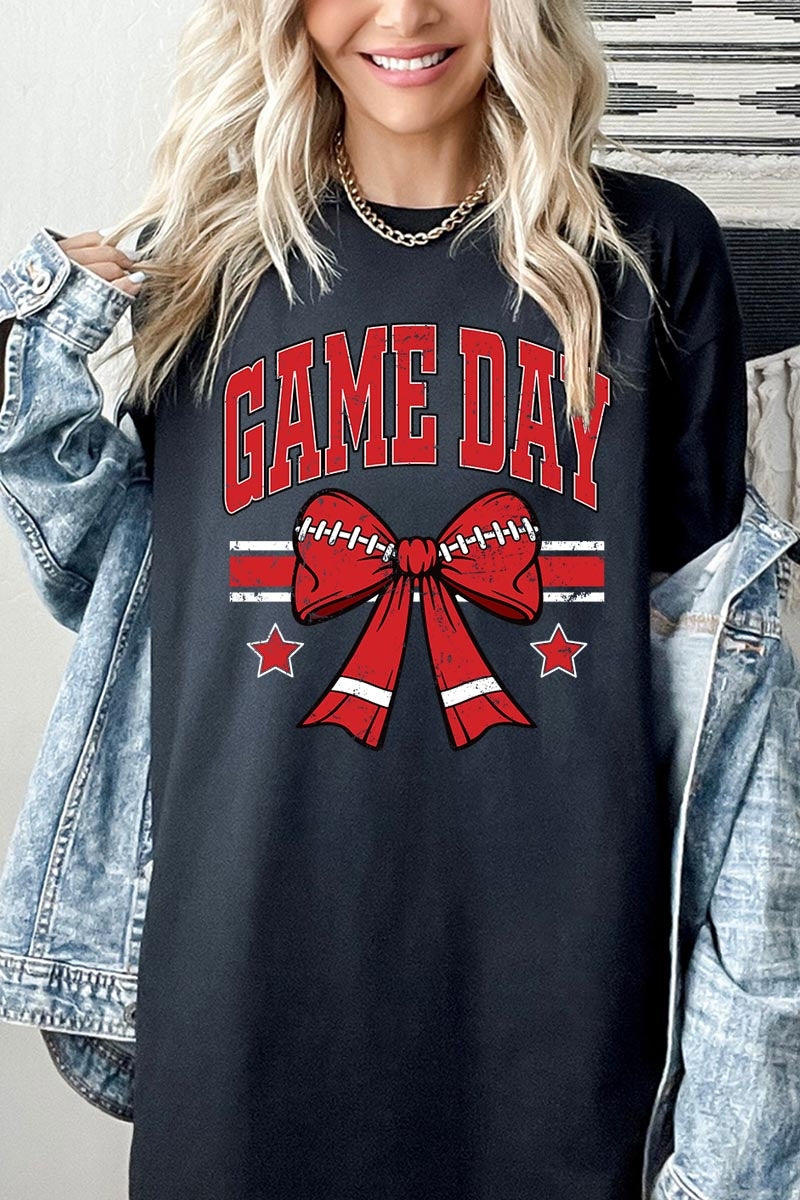 5000-E3062 Red Game Day Football Bow Graphic Heavy Cotton Tee $9