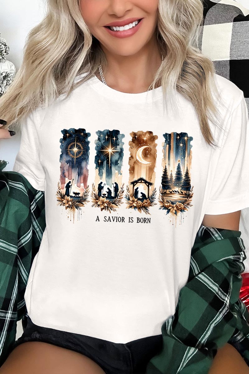 US3001P-E3204 Savior Is Born Nativity Graphic Plus Tee $16