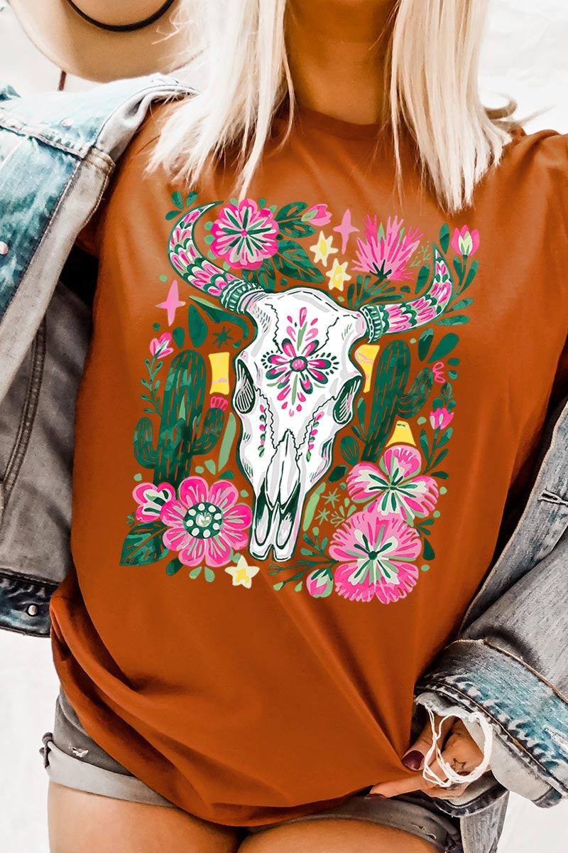 US3001-E3086 Western Floral Cow Skull Graphic Tee $12.5