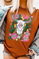 US3001P-E3086 Western Floral Cow Skull Graphic Plus Tee $16