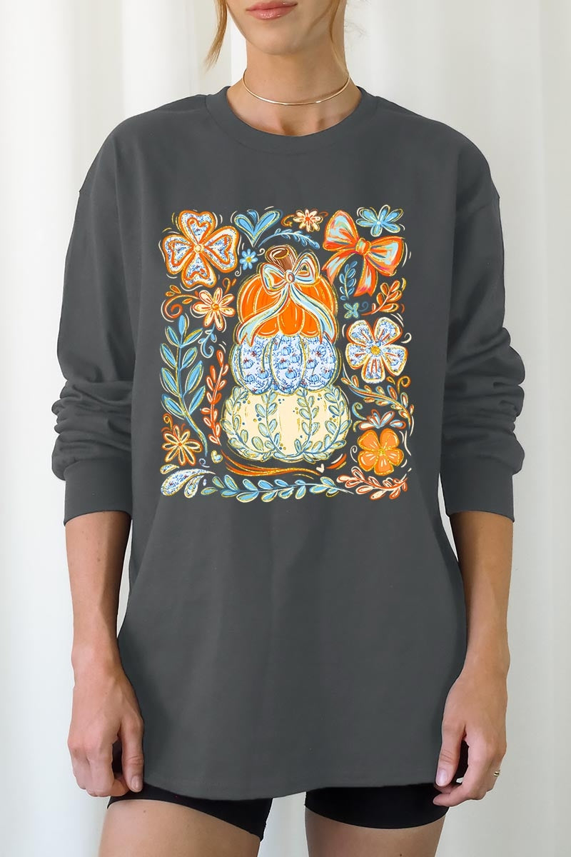 UL240-E3153 Floral Pumpkin Stack Graphic Long Sleeve Tee $13.75