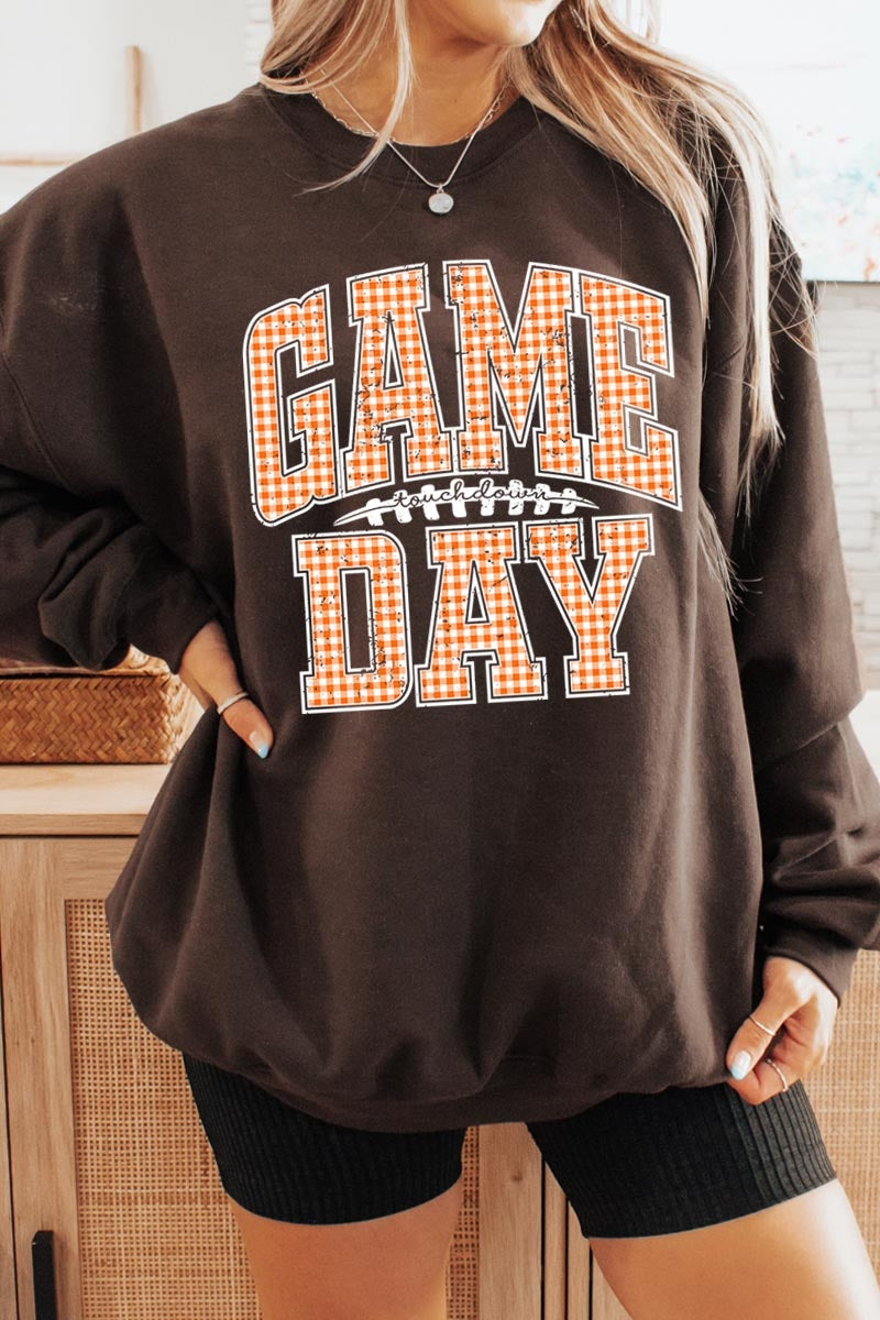 UL180P-E3129 Orange Gingham Game Day Graphic Plus Sweatshirt $25