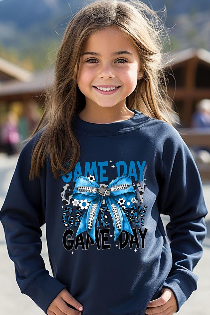 UL180B-E3089Z Blue Silver Football Game Day Bow Kids Sweatshirt $20