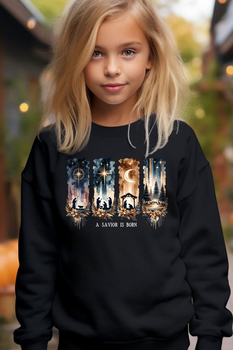 UL180B-E3204Z Savior Is Born Nativity Kids Graphic Sweatshirt $20