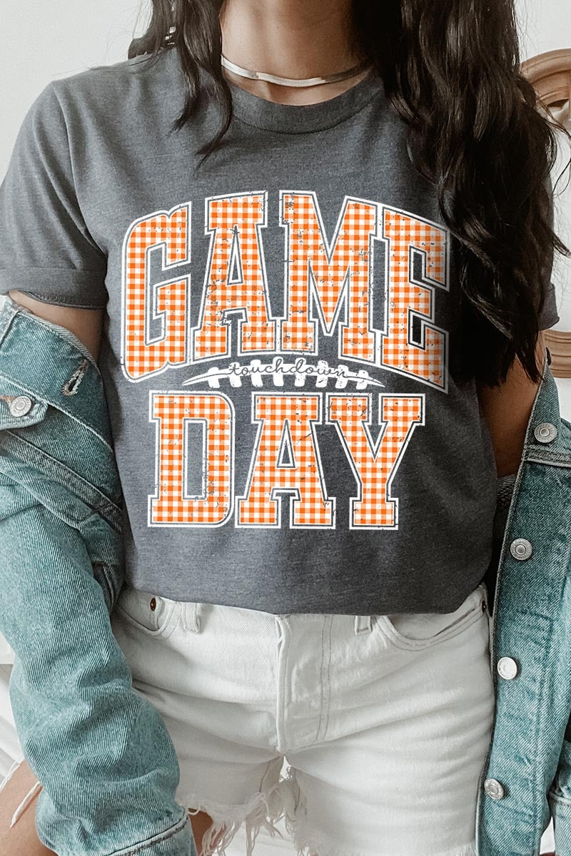 US3001-E3129 Orange Gingham Game Day Graphic Tee $12.5