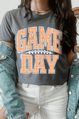 US3001-E3129 Orange Gingham Game Day Graphic Tee $12.5