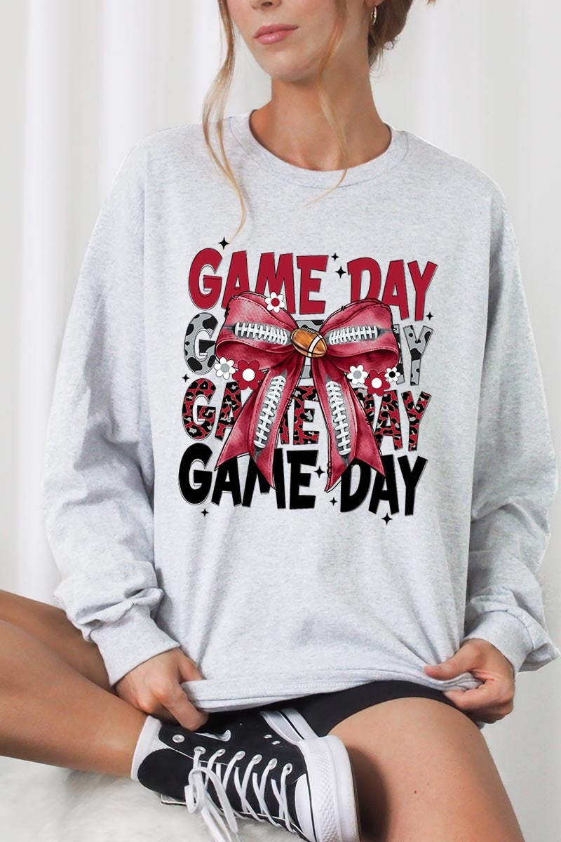 UL240-E3093 Red Silver Football Game Day Bow Long Sleeve Tee $13.75