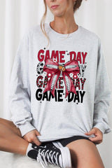 UL240-E3093 Red Silver Football Game Day Bow Long Sleeve Tee $13.75