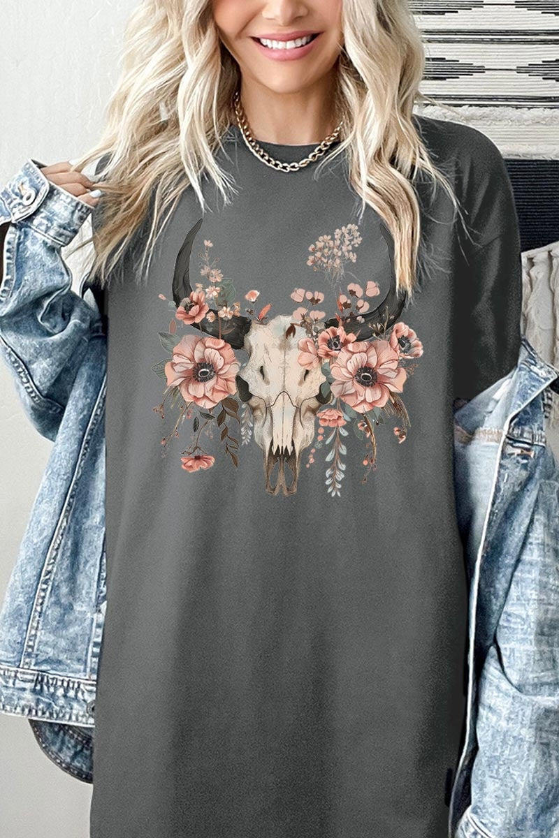 5000P-E3113 Western Skull Floral Graphic Plus Heavy Cotton Tee $12.75