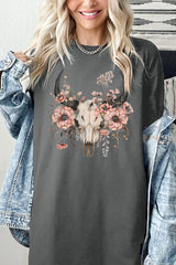 5000-E3113 Western Skull Floral Graphic Heavy Cotton Tee $9
