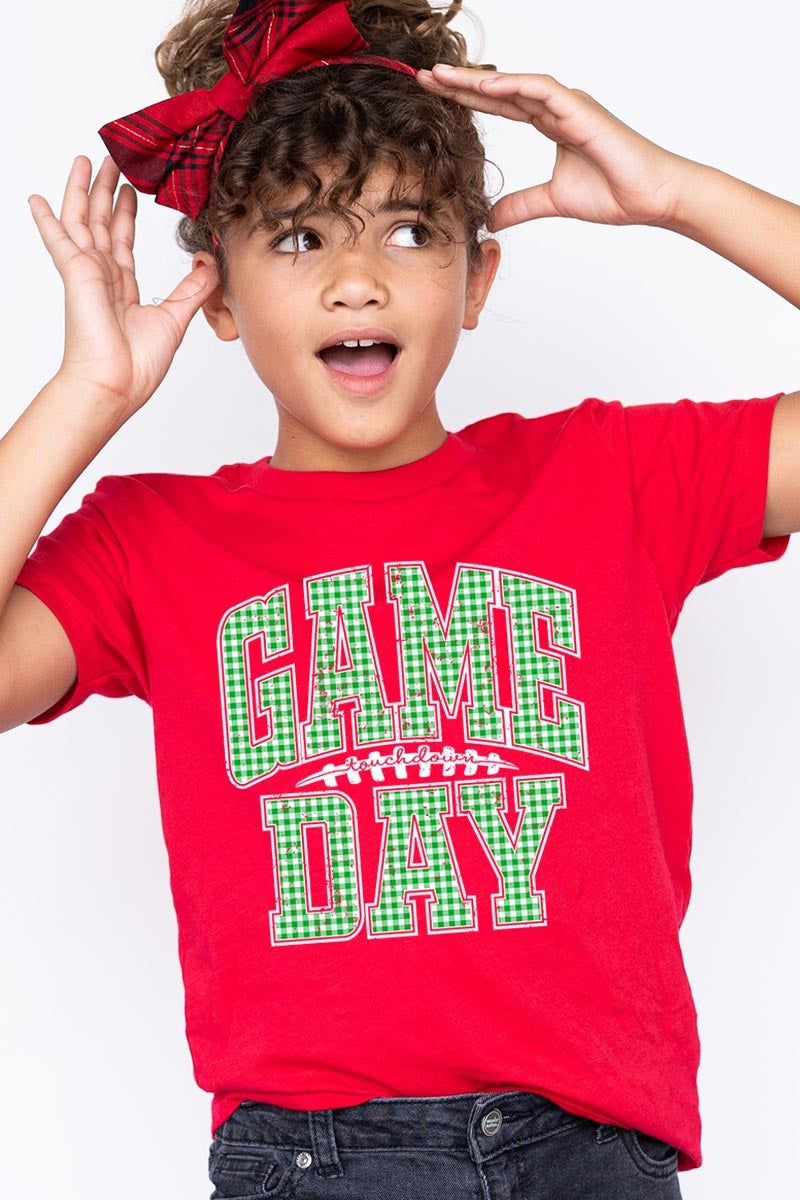 US3001Y-E3128Z Green Gingham Game Day Kids Graphic Tee $11