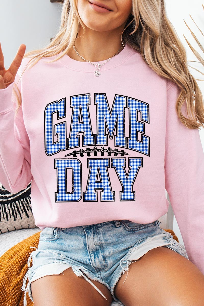 UL180P-E3130 Blue Gingham Game Day Graphic Plus Sweatshirt $25