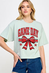 CTS-E3062 Red Game Day Football Bow Graphic Relaxed Crop Top $11