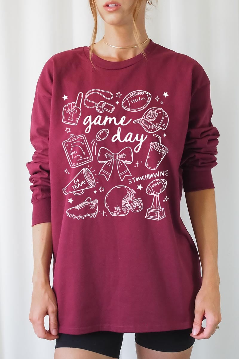 UL240-E3081 Football Doodles Graphic Long Sleeve Tee $13.75