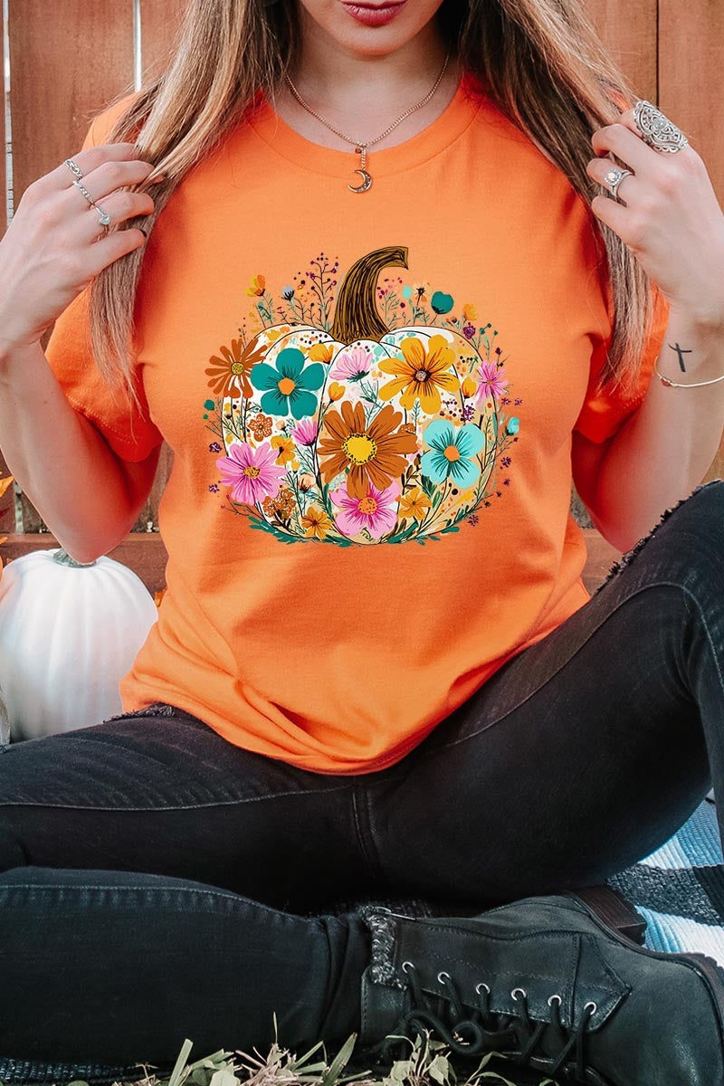 US3001-E3118 Floral Pumpkin Graphic Tee $12.5