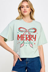 CTS-E3197 Merry Christmas Bow Graphic Relaxed Crop Top $11