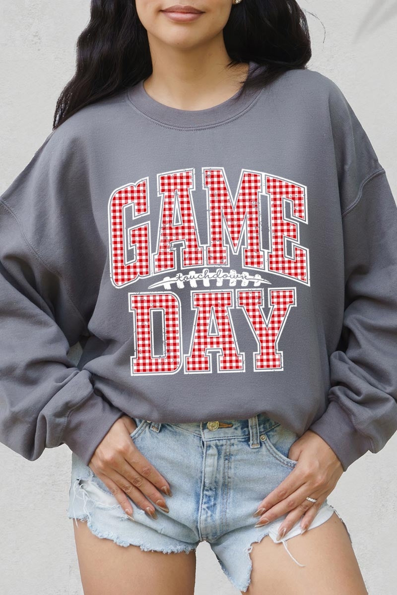 UL180P-E3126 Red Gingham Game Day Graphic Plus Sweatshirt $25