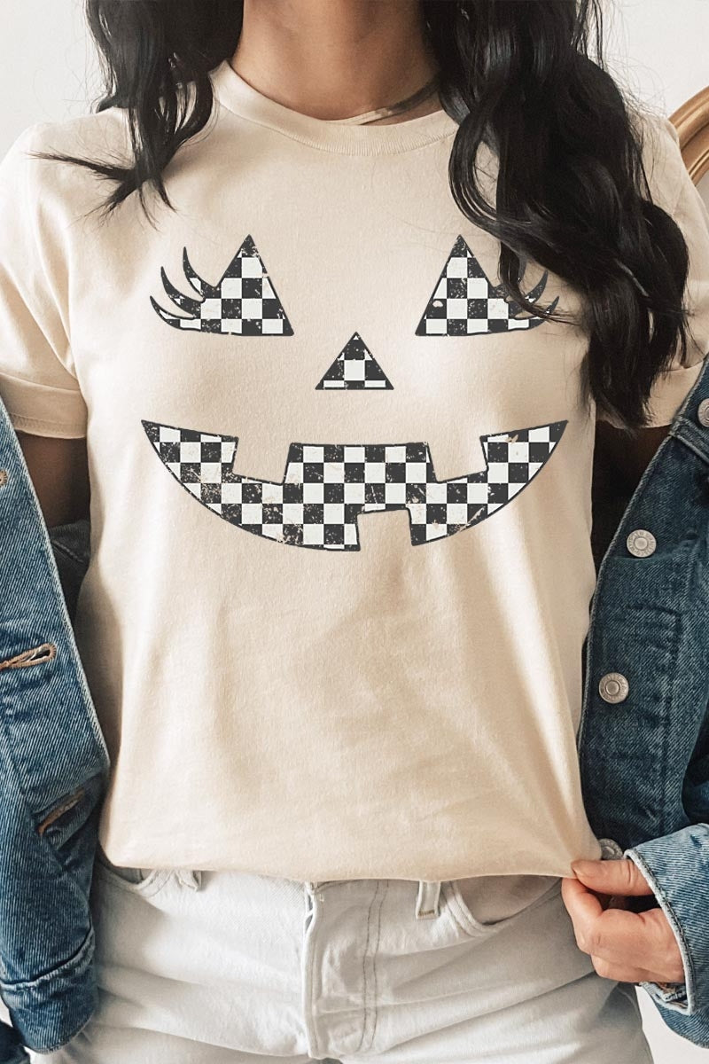 US3001-E3149 Checker Pumpkin Face Graphic Tee $12.5
