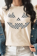 US3001-E3149 Checker Pumpkin Face Graphic Tee $12.5