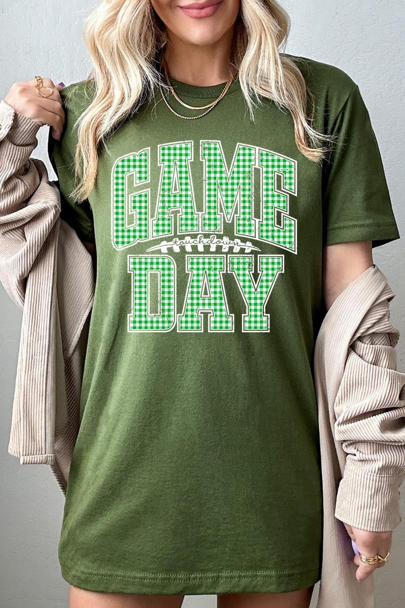 US3001-E3128 Green Gingham Game Day Graphic Tee $12.5