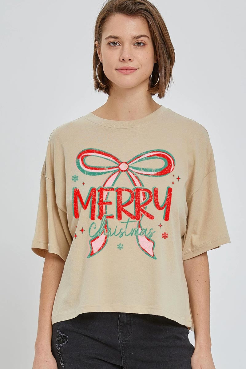 CTS-E3197 Merry Christmas Bow Graphic Relaxed Crop Top $11