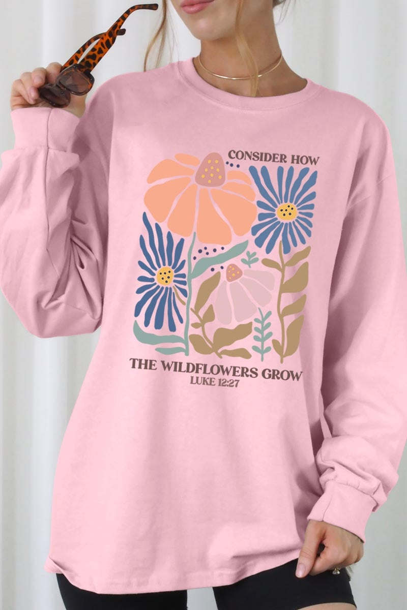 UL240-E3067 Consider the Wildflowers Graphic Long Sleeve Tee $13.75